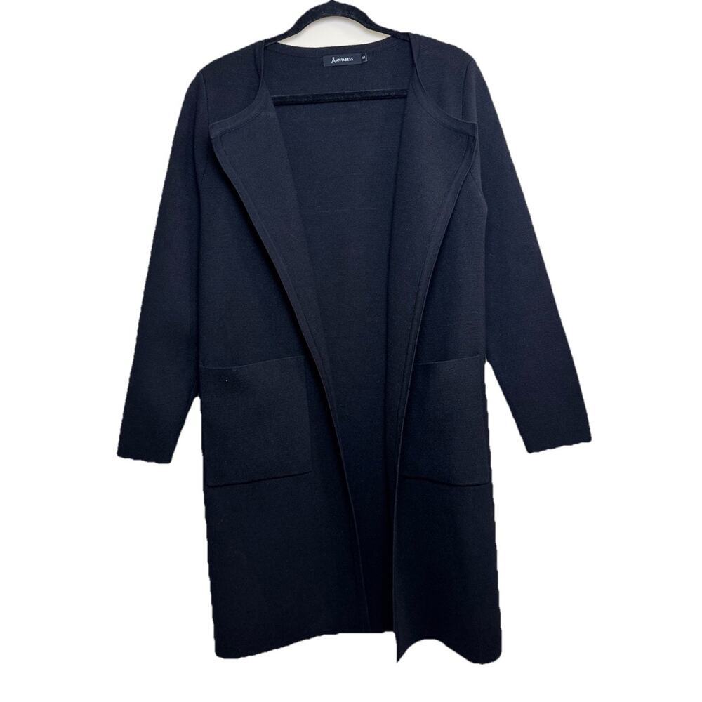 Anrabess Long Open-Front Casual Cardigan Black Size S Excellent Condition Pocket